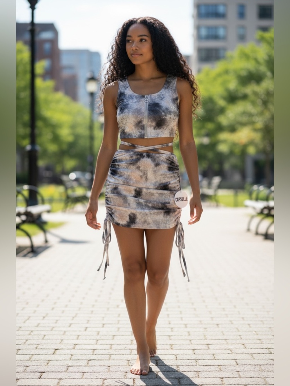 Tie-Dye Ruched Mini Skirt Set with Wrap Straps - Gray/Black/White
